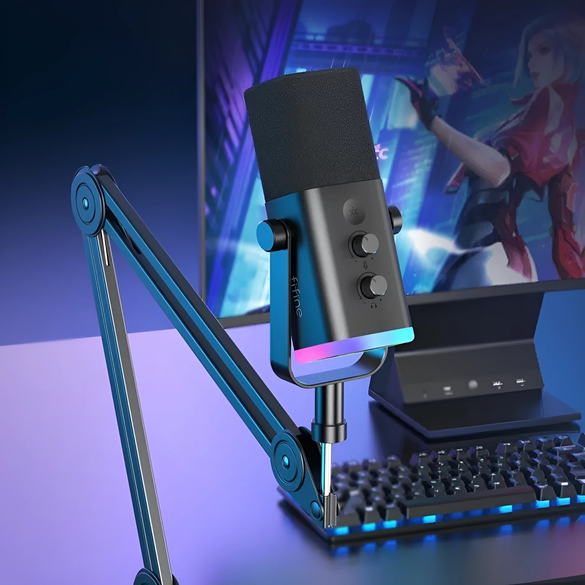 Dynamic noise reduction condenser microphone in black with XLR and USB-C cables on desk stand