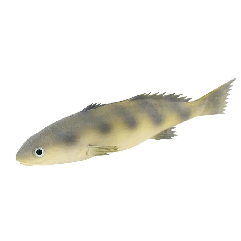 Three PU simulated fish ornaments showing yellow-fin tuna, flower fish, and small tuna models for aquarium décor