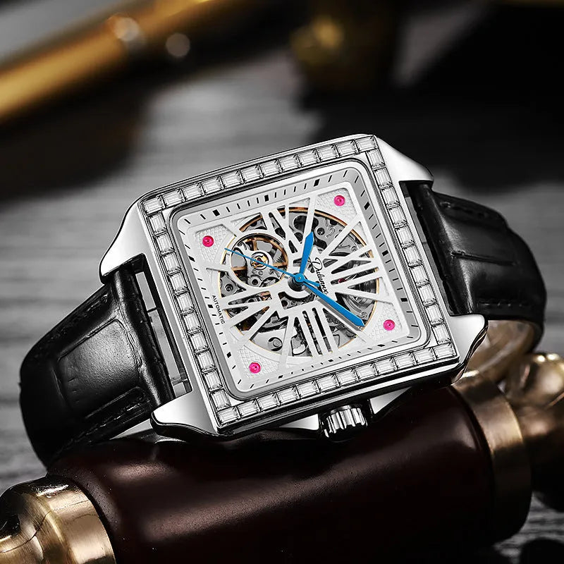 Men's square automatic watch with diamond studs on case, business style with black or white strap options.