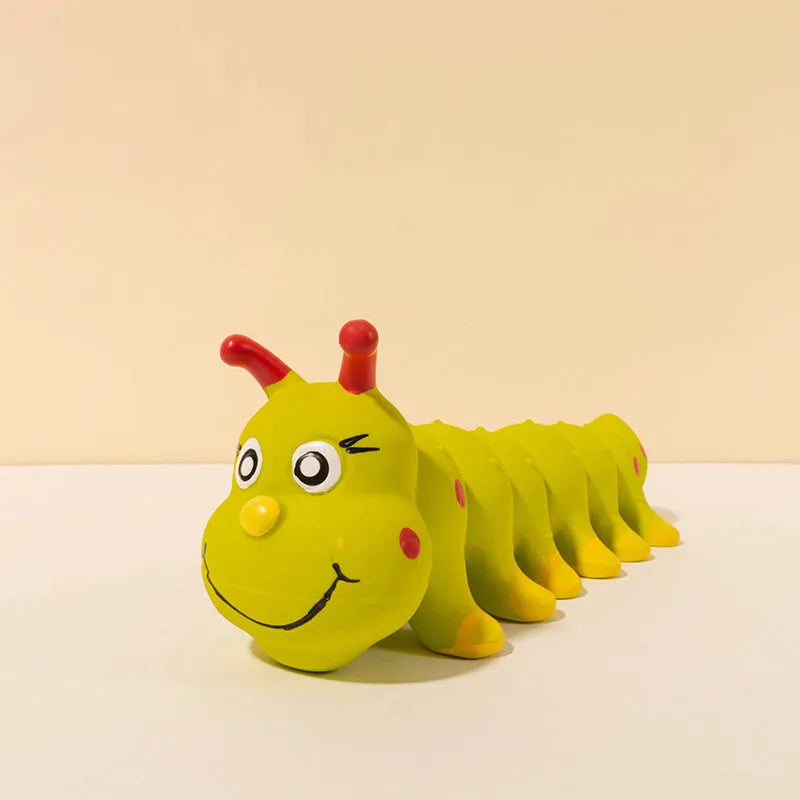 Yellow caterpillar-shaped rubber squeaky dog toy for small medium breeds.