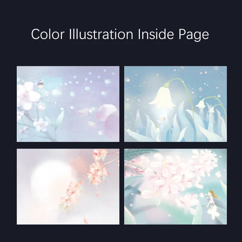 A5 notebook with luminous cover open to show an internal colour illustration, in deep blue colour.