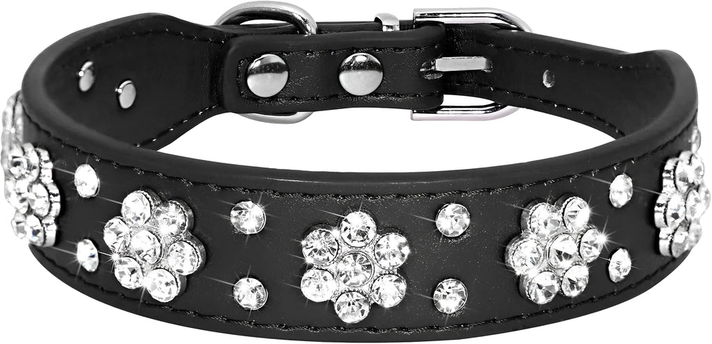 Rhinestone flower pattern on a black adjustable PU leather dog collar with metal D-ring for small dogs.