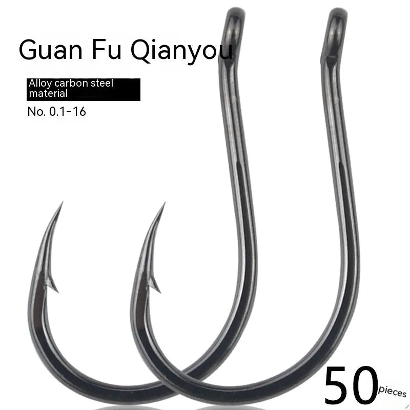 Barbed fishing hooks with crooked mouth and hole ring in alloy carbon steel for rock and sea fishing