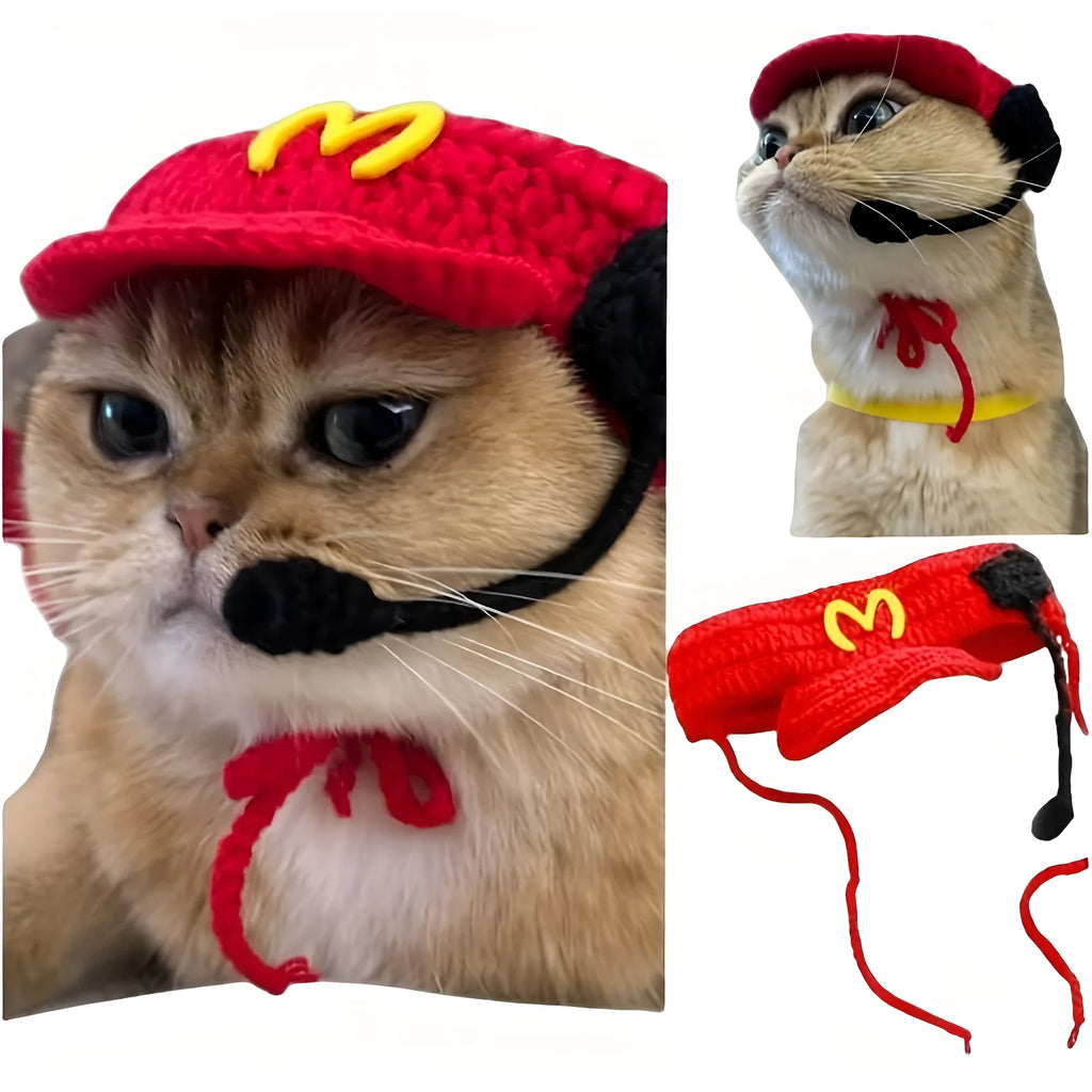 Handmade chef hat and matching cotton knitted sweater costume on a small cat or dog