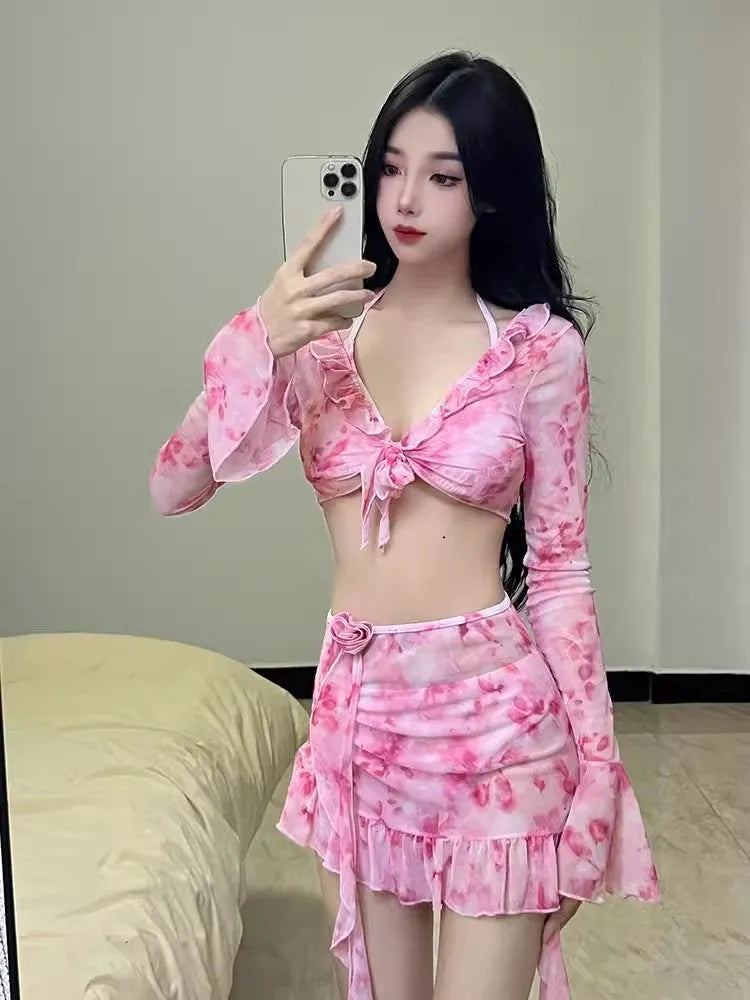 Women's floral print swimsuit bikini set cherry blossom powder colour