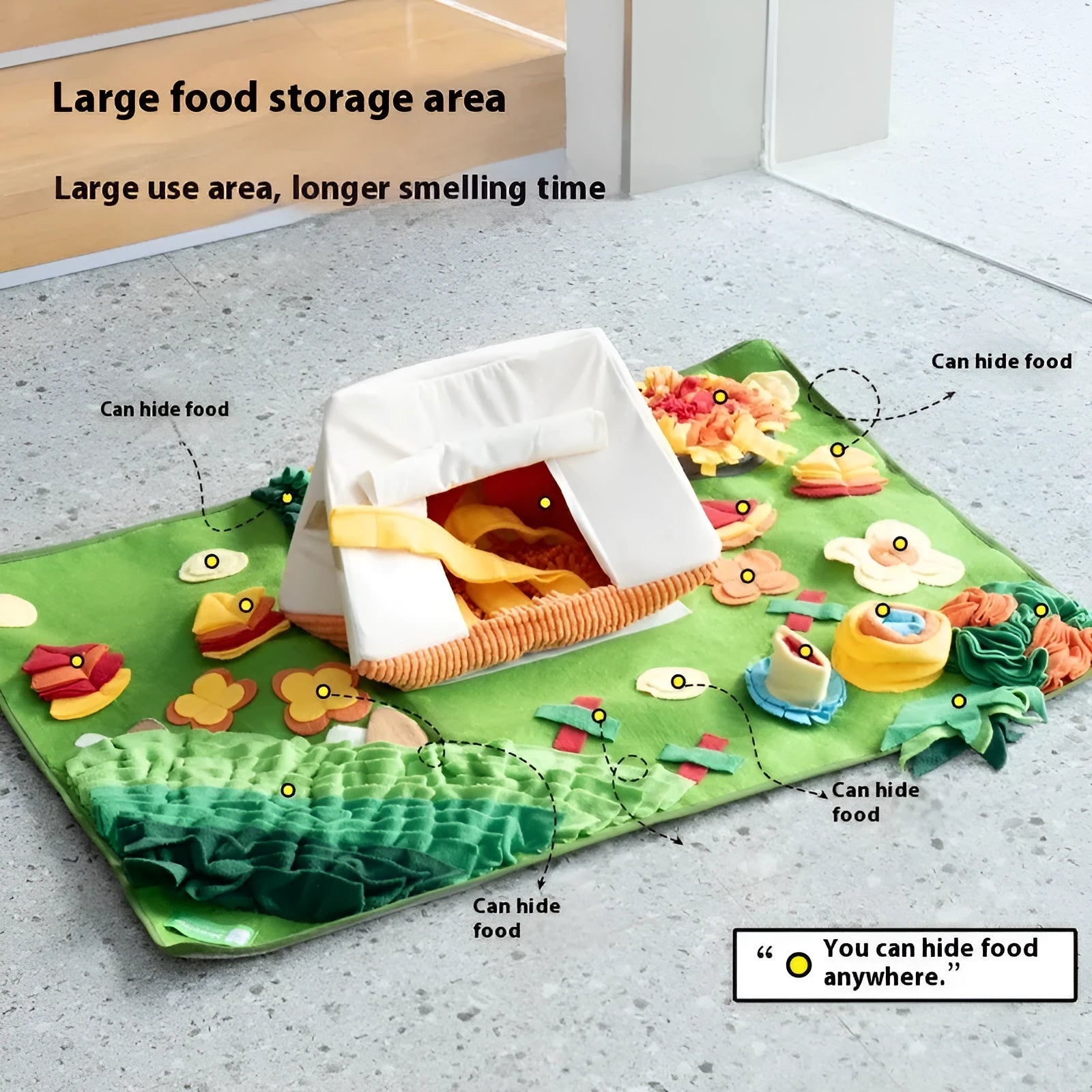 Themed dog sniffing mat with garden camping design hiding treats in fabric folds