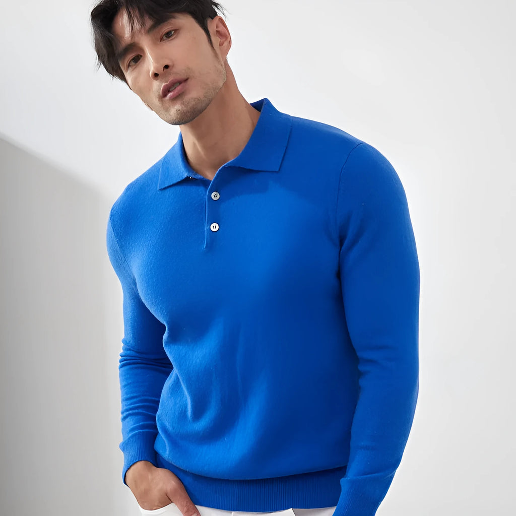 Men's loose fit cashmere pullover sweater with a ribbed polo collar in sapphire blue