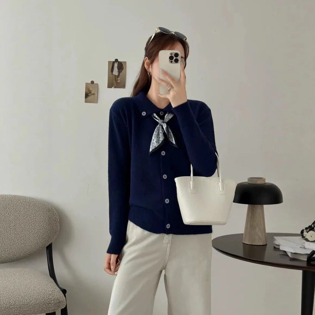 Acrylic lapel scarf cardigan in beige, grey, or navy blue, shown as a long-sleeve free-size garment.
