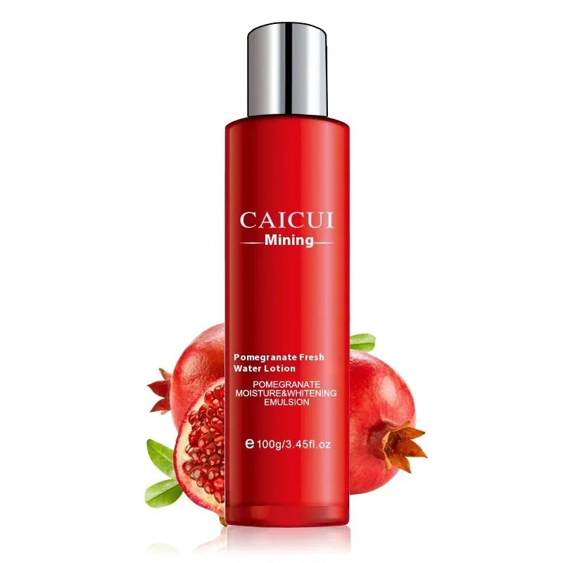 Red packaging for a four-piece pomegranate skincare set containing face wash, toner, lotion, and facial cream.