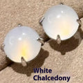 Chinese style chalcedony stud earrings with round egg surface stones in four claw settings