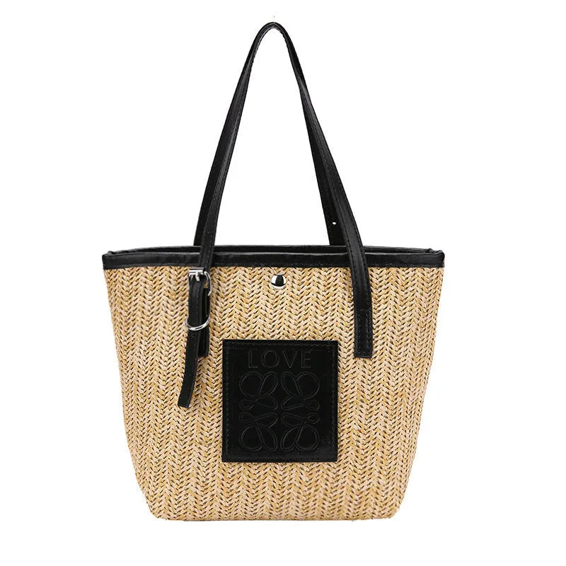 Women's straw woven shoulder bag with European retro style and three-dimensional pocket