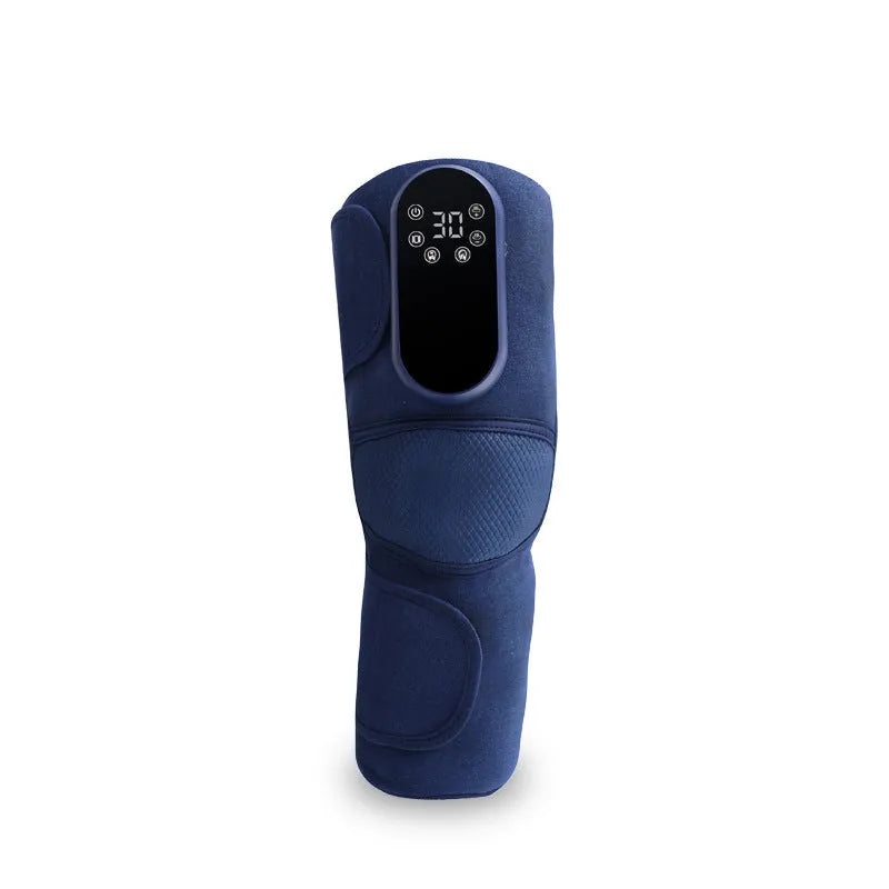 Airbag Blue self-heating knee massager showing wrap-around design for hot compress, vibration, and air pressure functions.