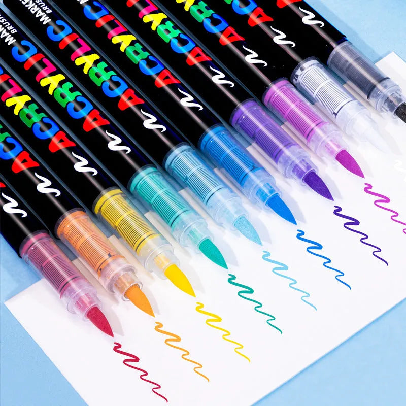 Straight liquid acrylic marker pens with soft head tips in multiple colour set configurations for painting