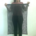 Black mesh drawstring storage bag with grid pattern, shown in three different sizes.