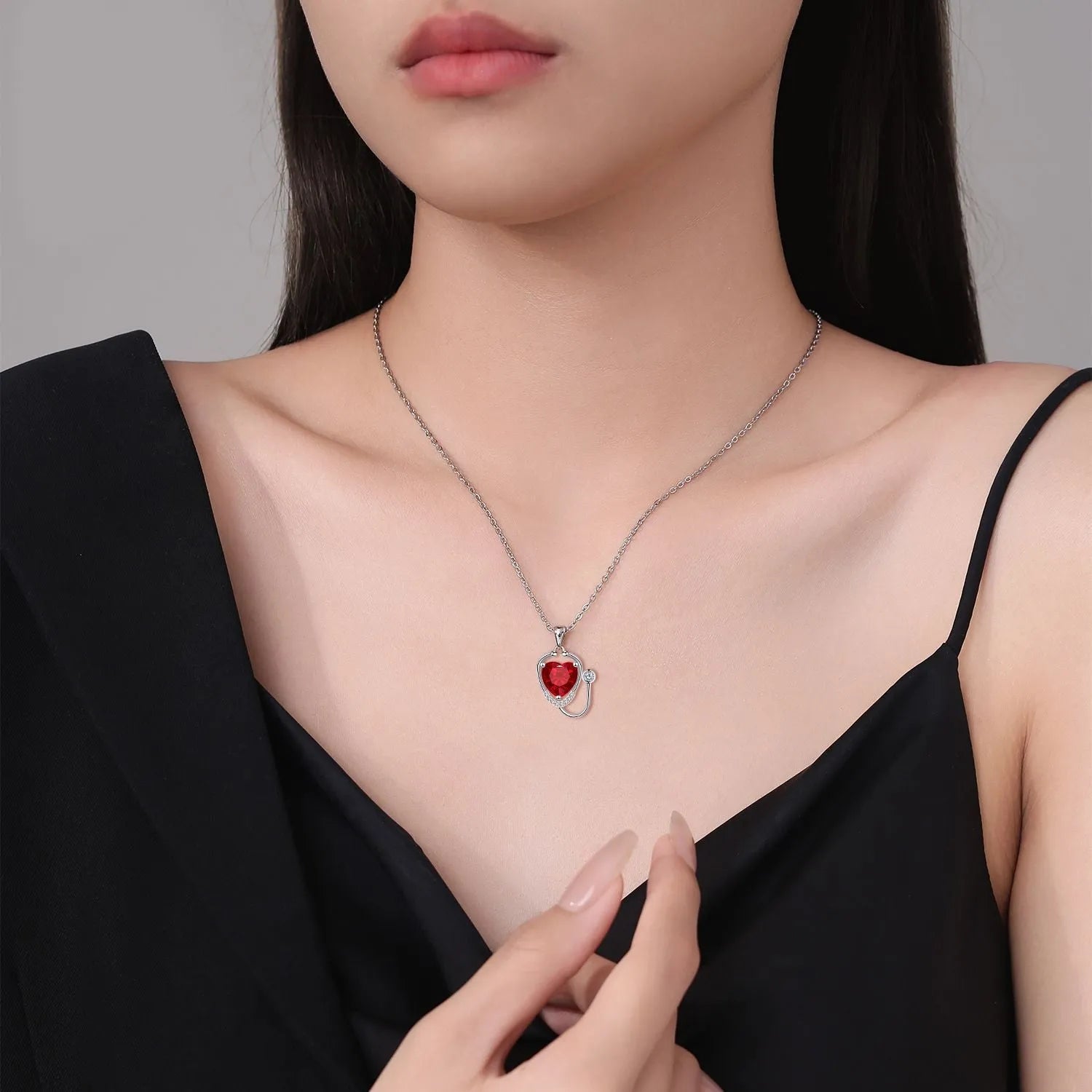 Women's copper stethoscope pendant necklace with wings cross design and red diamond electroplated finish