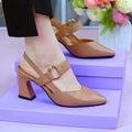 Women's black pigskin leather sandals with a closed toe, back, and a chunky block heel on a rubber sole.