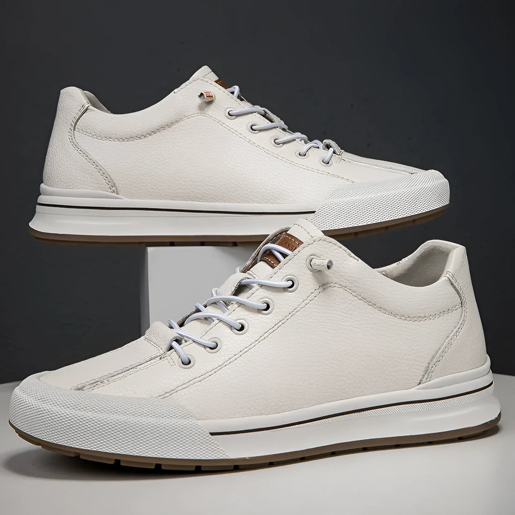 Men's white and black leather casual shoes with flat heel and round toe in multiple seasonal variations