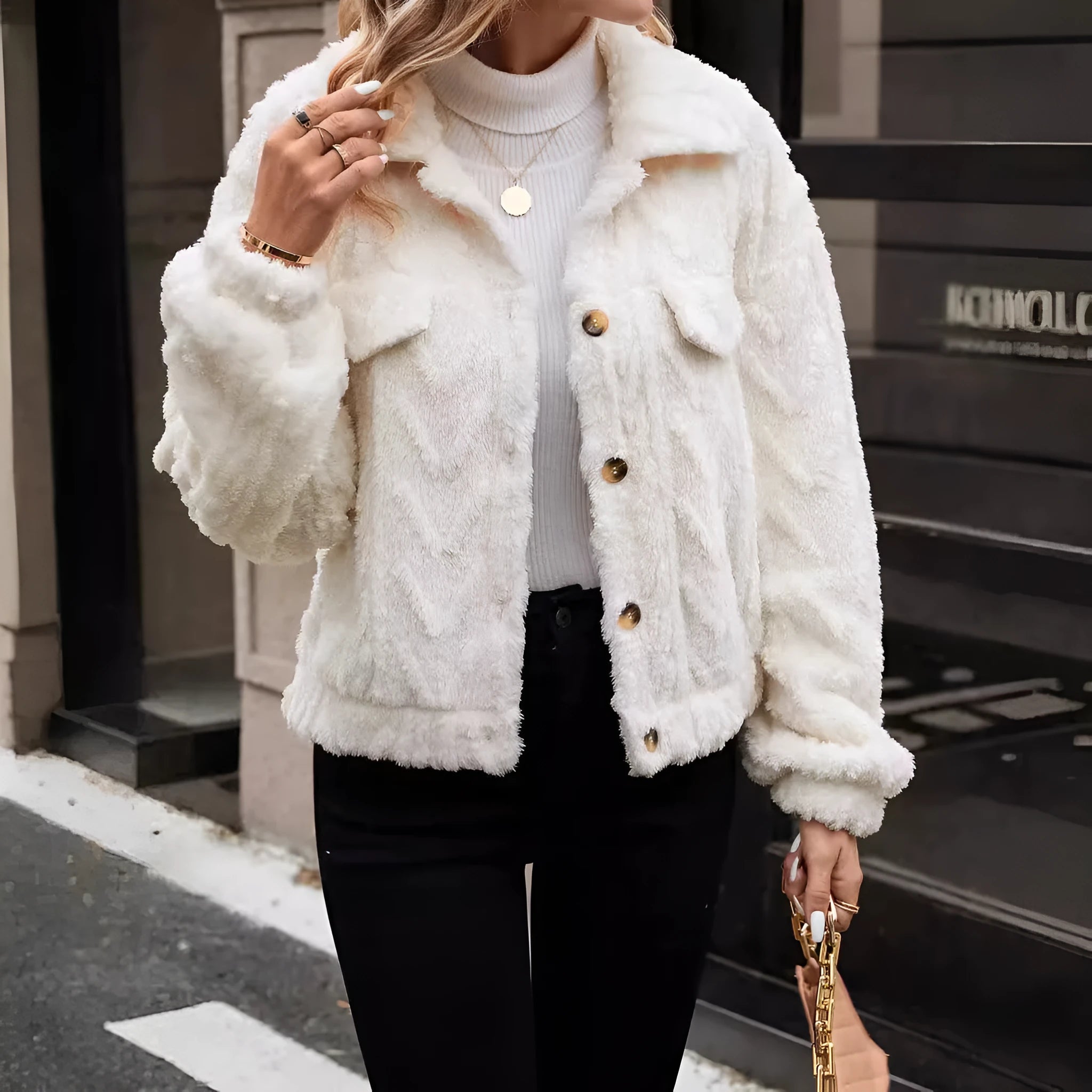Women's ivory white double-sided plush button cardigan coat with long sleeves