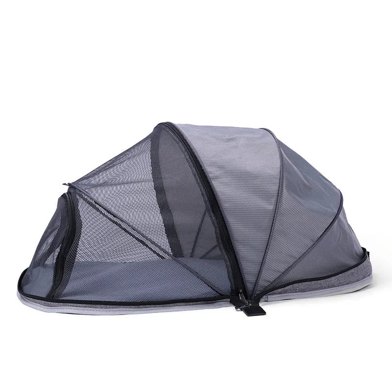 Folding cloth tent for cats with mesh panels in black or blue options