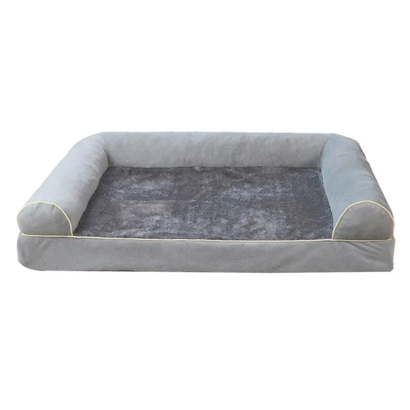 Square sponge dog bed with removable cloth cover in blue, shown next to a dark gray version.