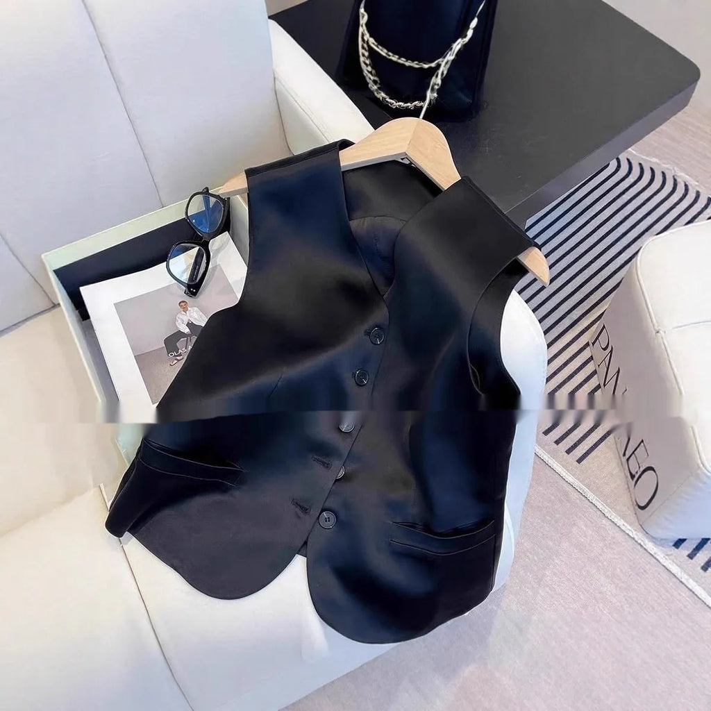Black satin women's sleeveless vest with loose fit and splicing detail
