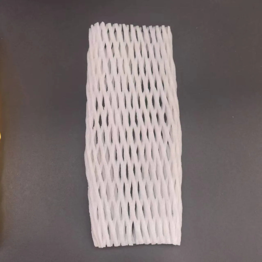 White foam protective net case for fruits showing mesh texture and size options