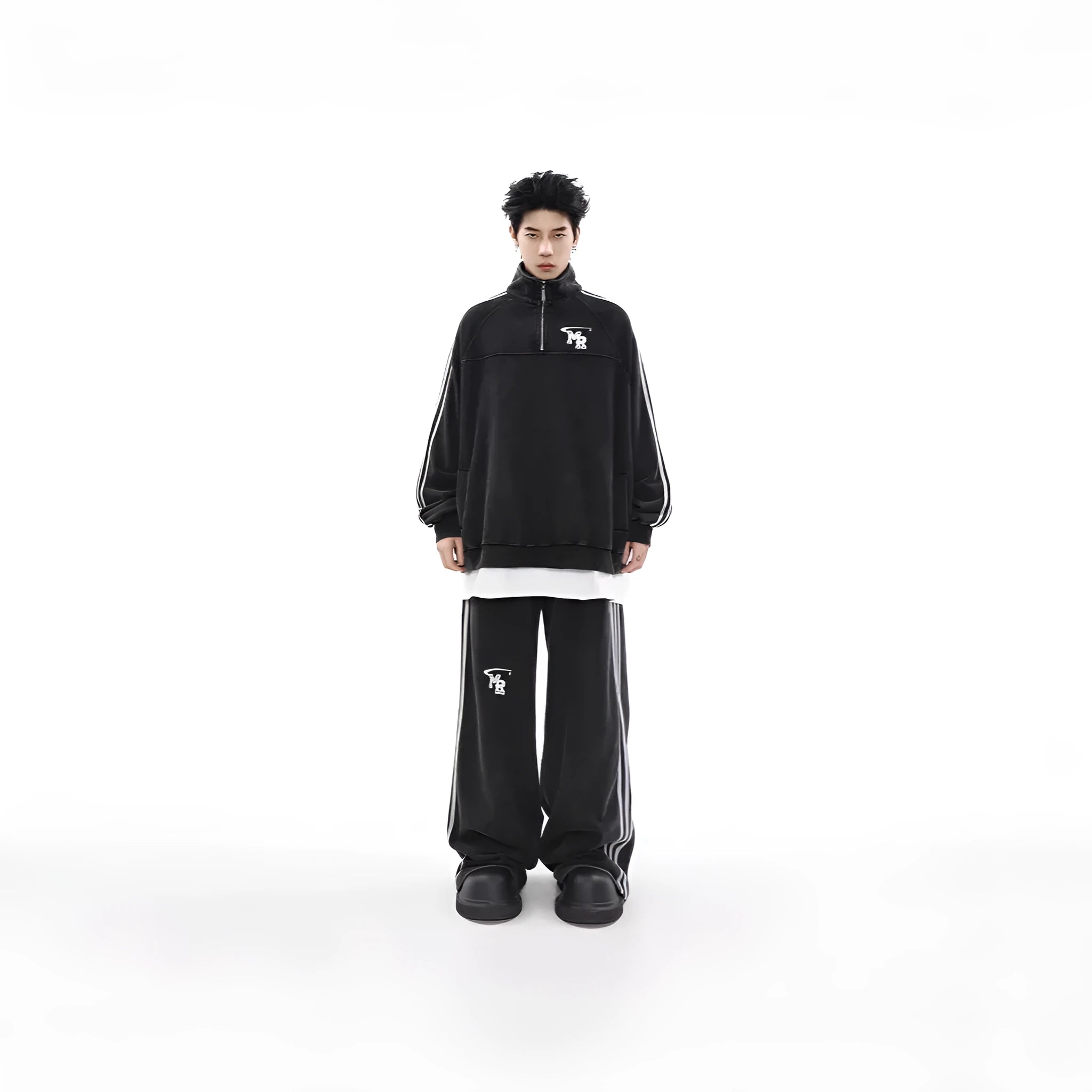 American retro casual sports hoodie with stand collar in black polyester