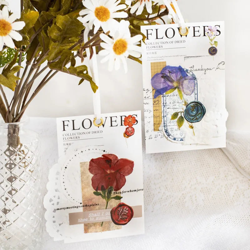 Creative dried flowers journal decoration sticker package showing 8 modern art styles on PET material, 70mm x 70mm size