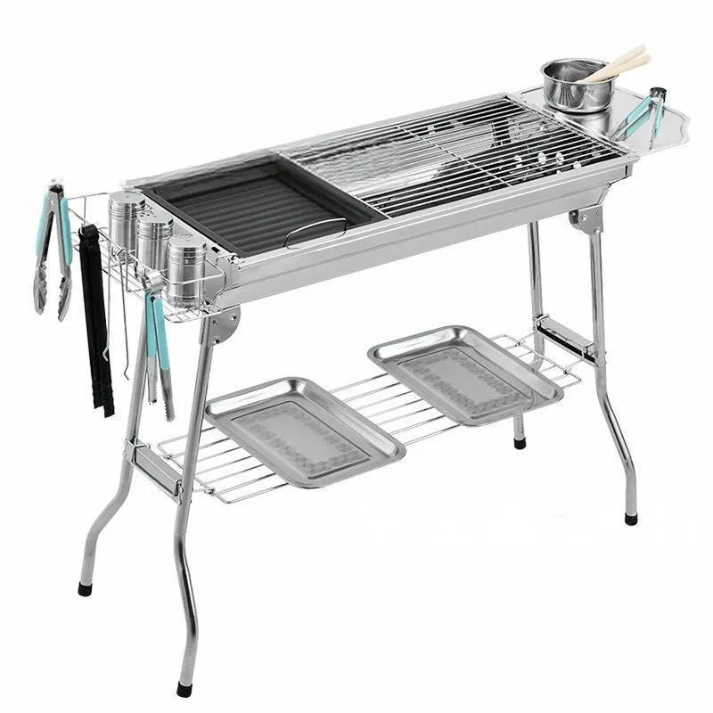 Stainless steel portable barbecue oven with flip design and charcoal grill accessories