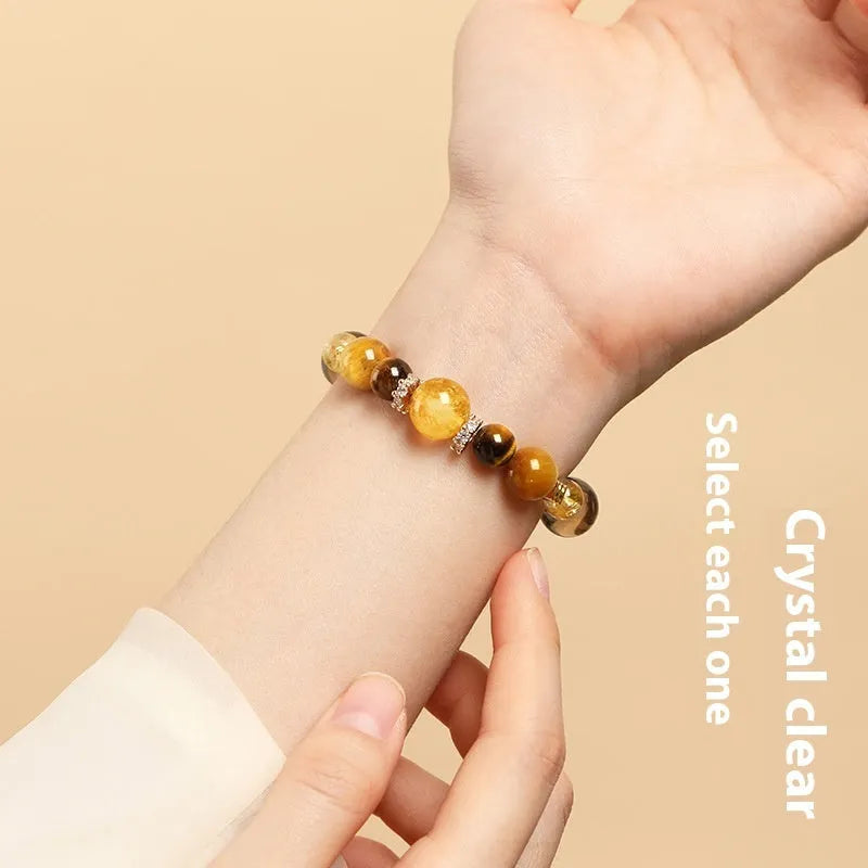 Tiger-eye crystal bracelet with geometric yellow beads in 10mm or 12mm sizes