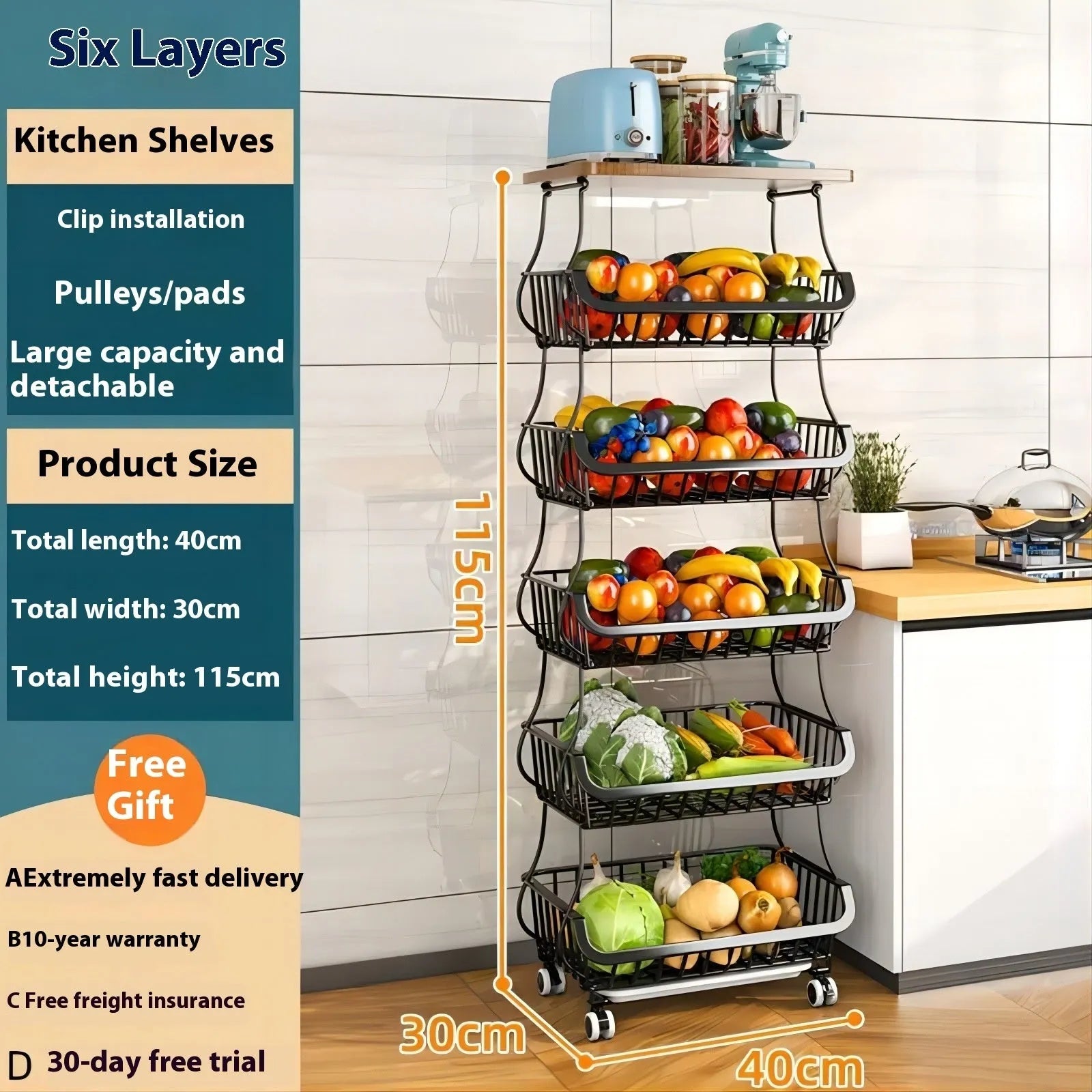 Black six tier floor standing kitchen storage trolley with open shelves