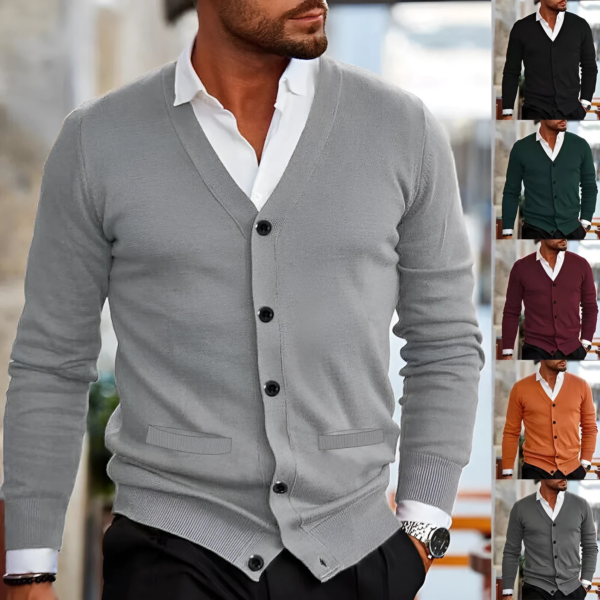 Men's slim fit acrylic cardigan sweater coat in wine red colour on a hanger
