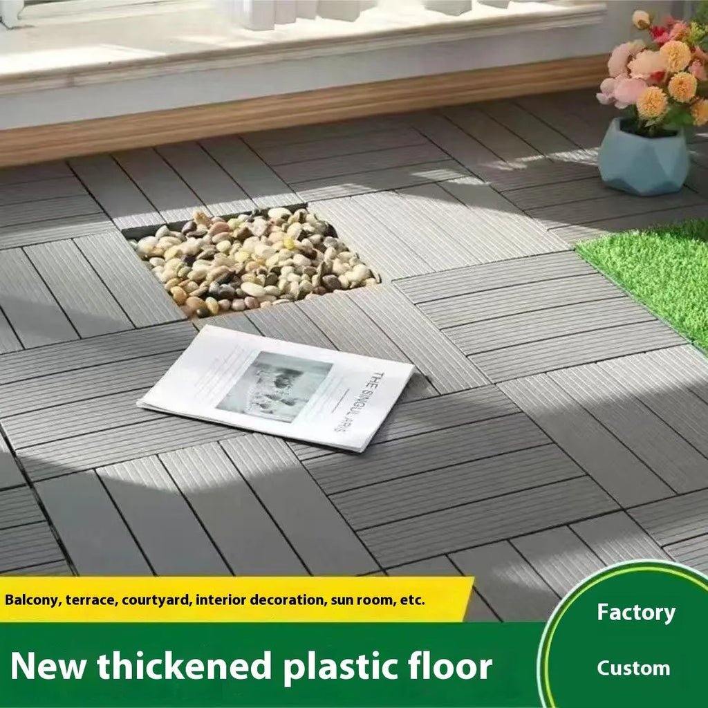 Set of ten wood grain style plastic floor tiles showing non-slip surface, dimensions 300x300 mm.