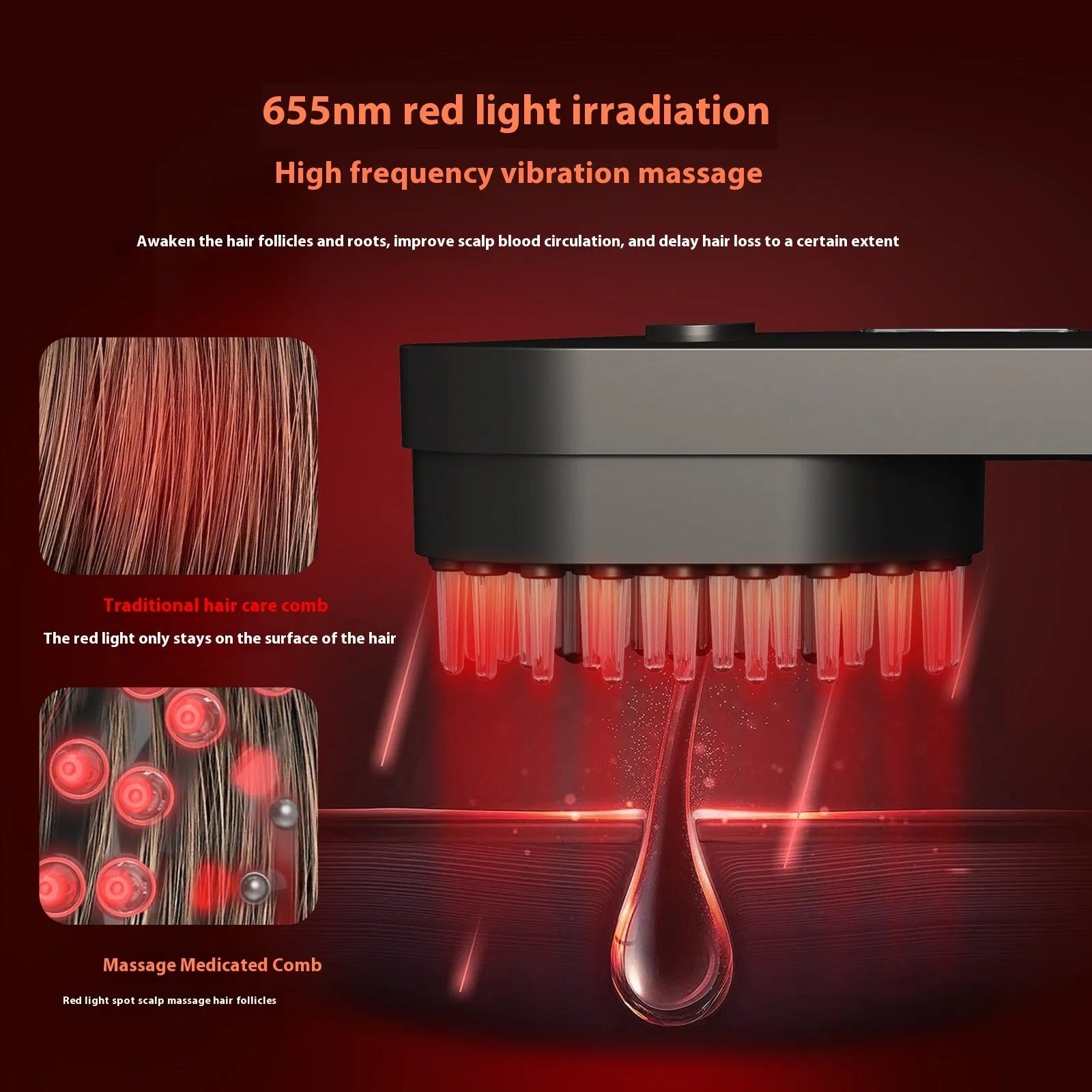 Pink and black smart massage comb with red light therapy for hair care under 10cm