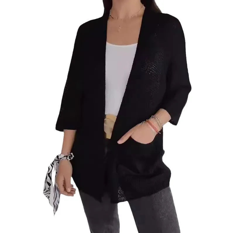 Women's waffle texture cardigan coat with nine-quarter sleeves in army green colour showing pocket details