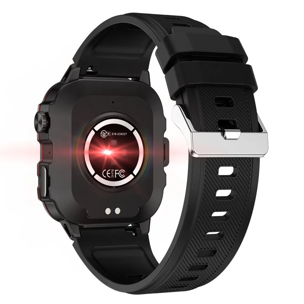 QX11 smart watch in black with zinc alloy case and TFT screen showing heart rate display.