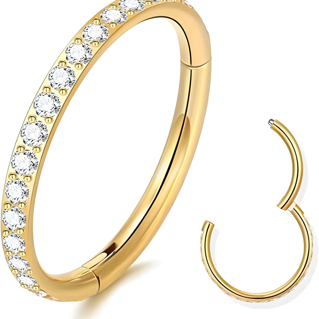 Stainless steel seamless nose ring with diamond detail showing round shape and colour finish options