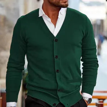 Men's slim fit acrylic cardigan sweater coat in wine red colour on a hanger