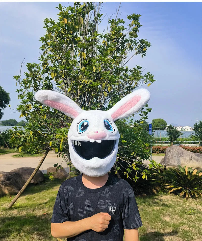 White rabbit head decorative cover for electric motorcycle helmet with plush lining