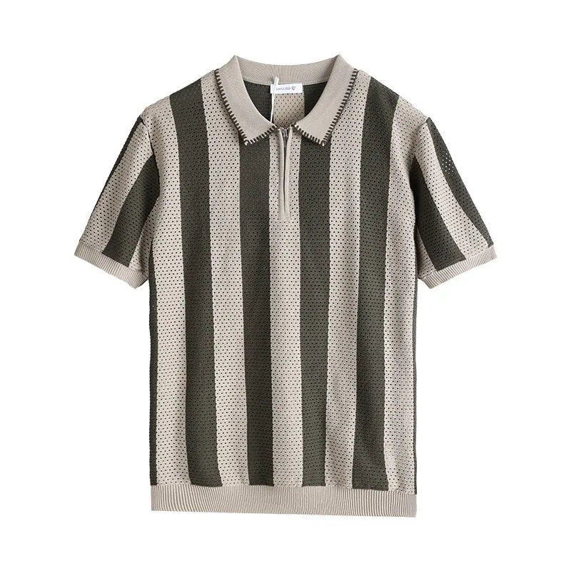 Men's ice silk short sleeve sweater with stripe pattern and zip decoration in multiple colour options