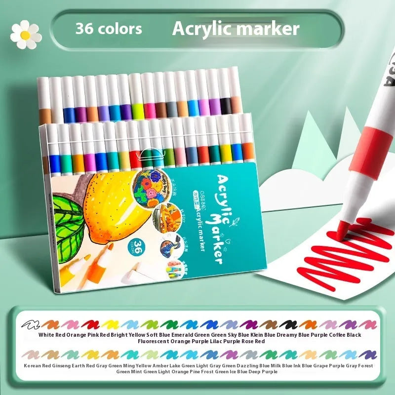 Acrylic marker pen set with multicoloured plastic bodies for student colour painting projects