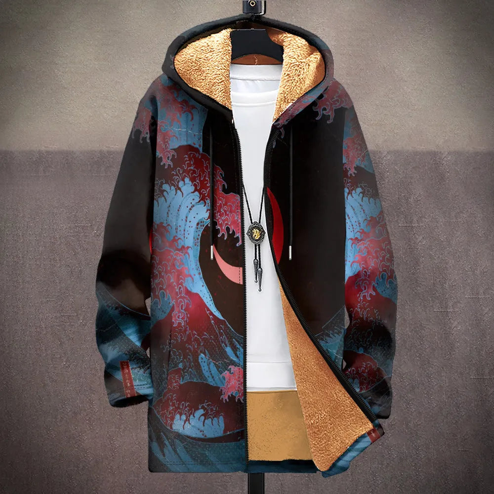 Man wearing a multicolour patterned zip-up hooded cardigan in a loose casual fit.