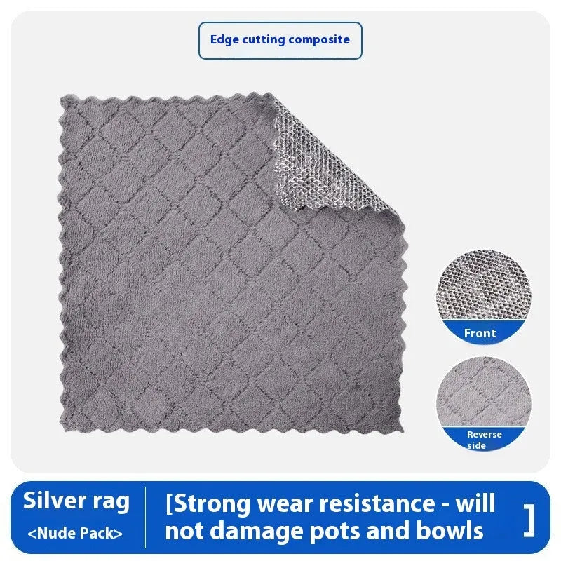 Silver silk rag cleaning cloth with steel wire ball construction for kitchen pots and bowls