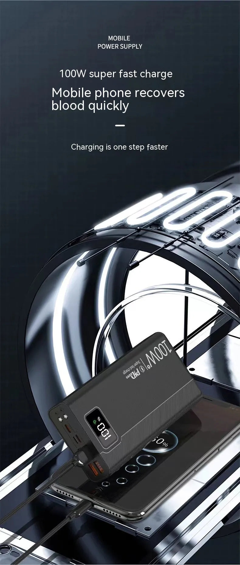Black and white large capacity power bank showing front view with dimensions 150mm by 76mm.