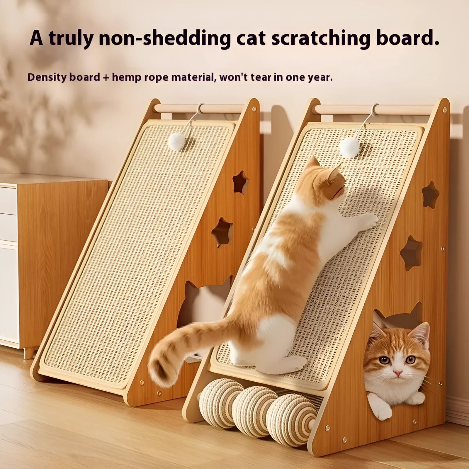 Vertical cat scratch board with hemp rope and integrated teasing ball attached to wall