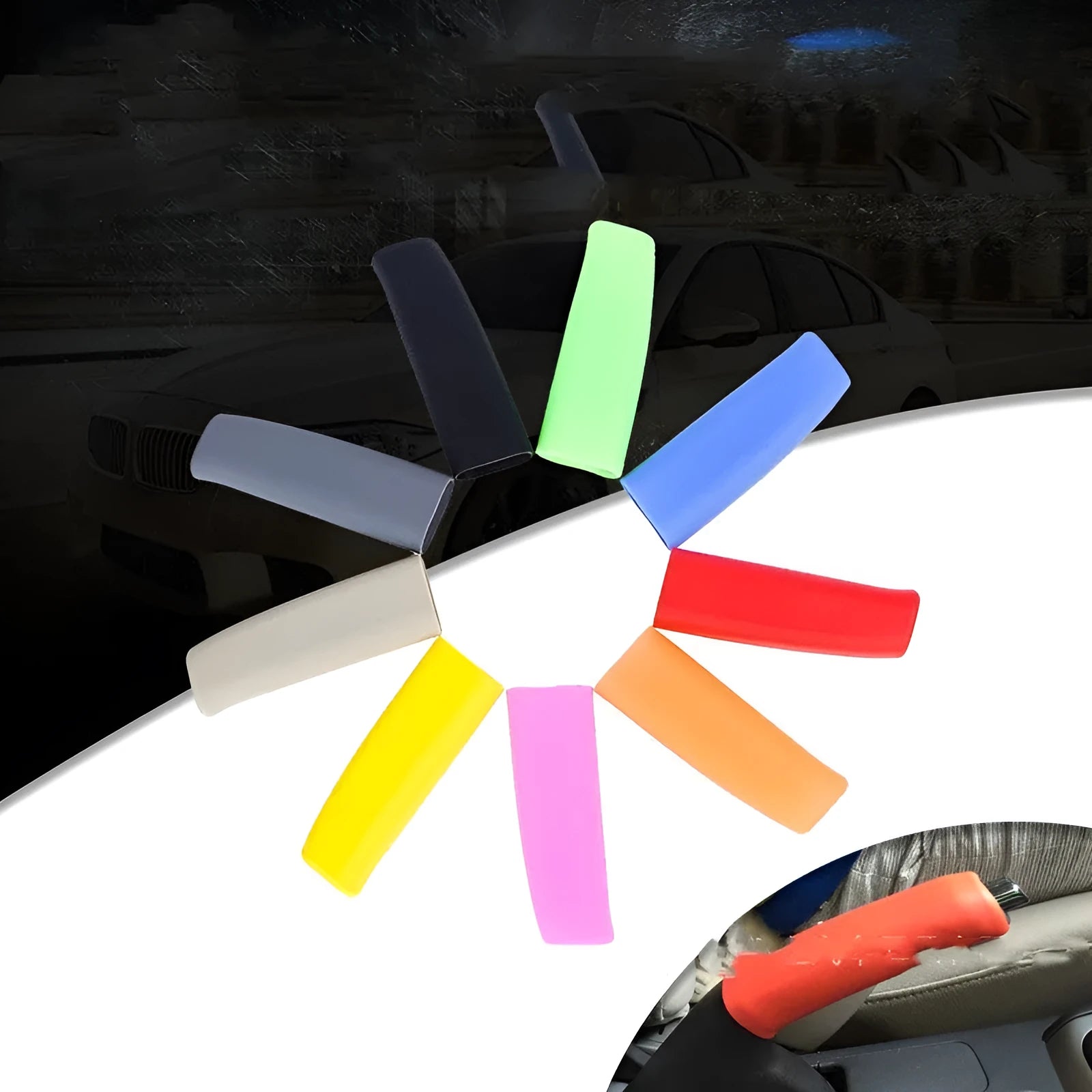 Universal silicone handbrake sleeve for cars shown in available colours: black, gray, beige, red, and blue.