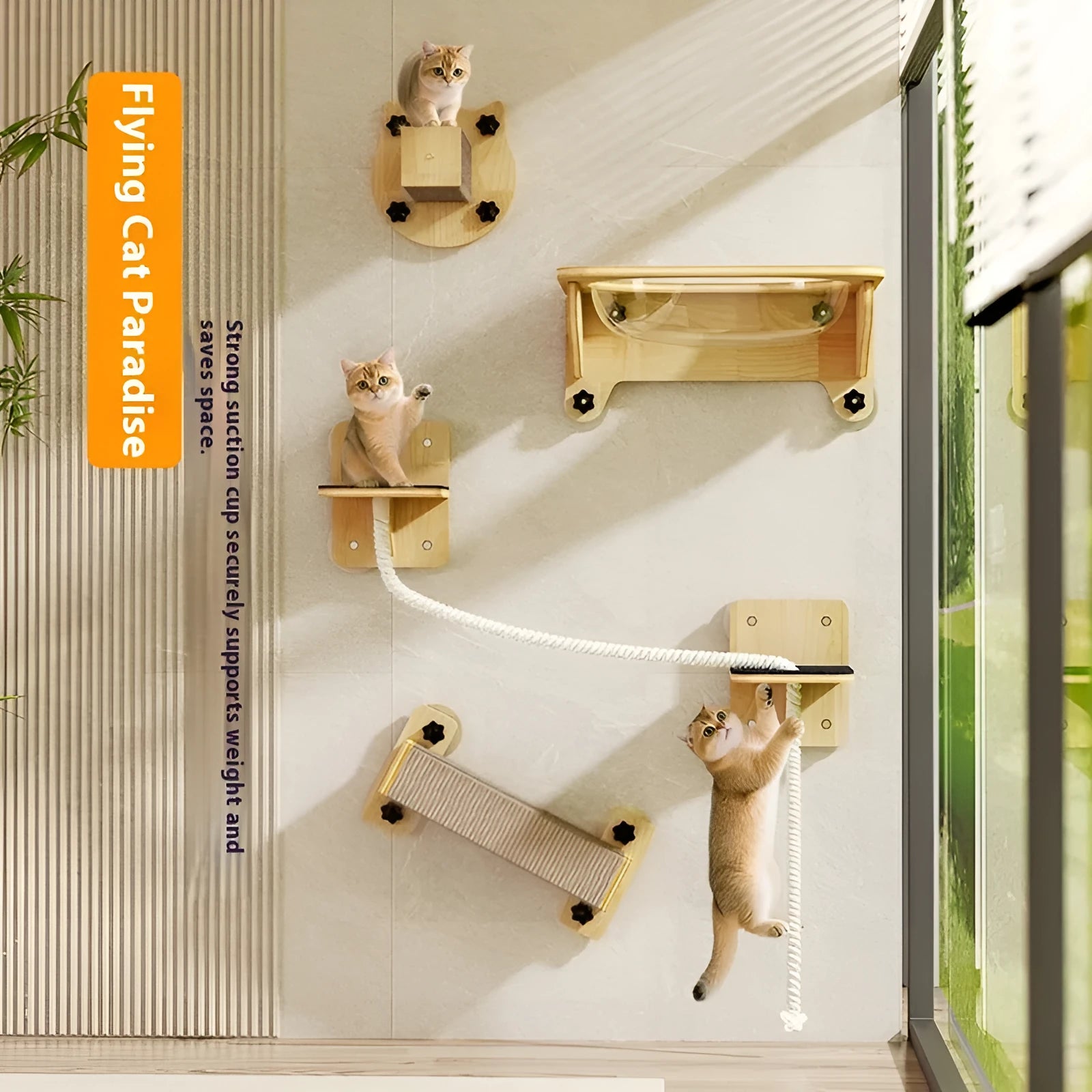 Space capsule design cat scratching post mounted on wall with sisal rope scratching surface