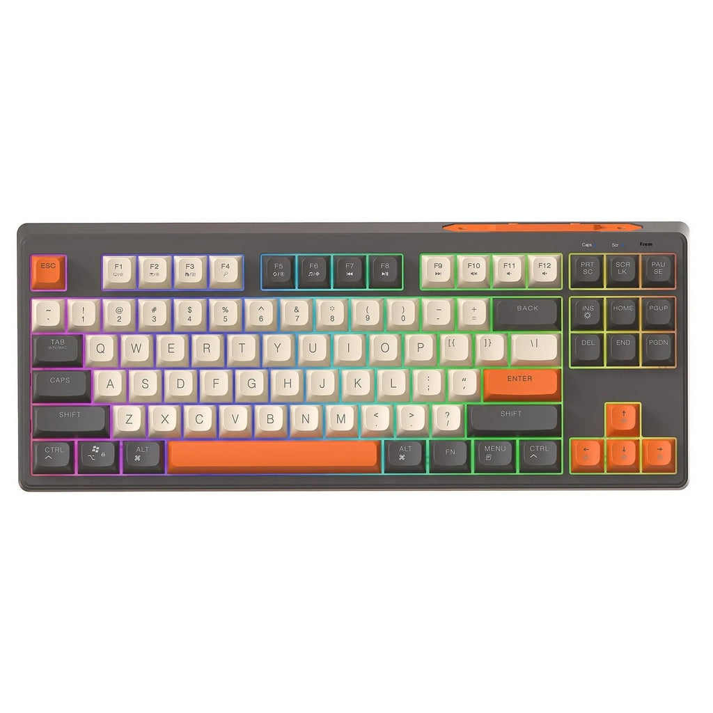 Free Wolf M87 wireless Bluetooth keyboard in blueberry colour on a desk, showing compact 87-key layout.