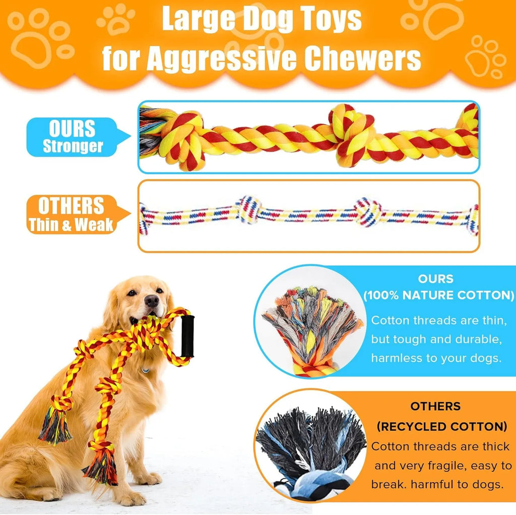 Blue and yellow cotton rope dog toy with ergonomic handles for tug-of-war games