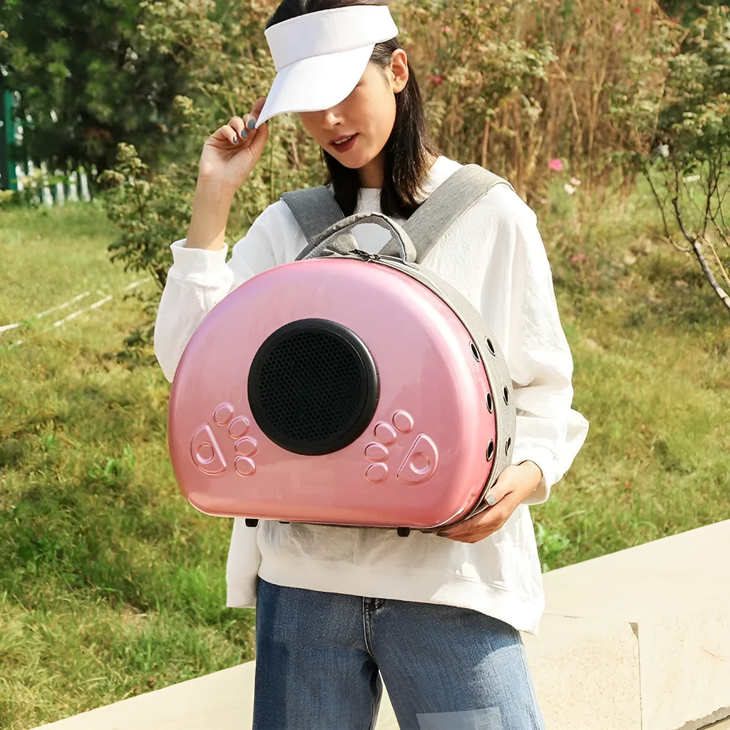 Transparent space capsule cat carrier backpack in PC canvas with metallic front shell